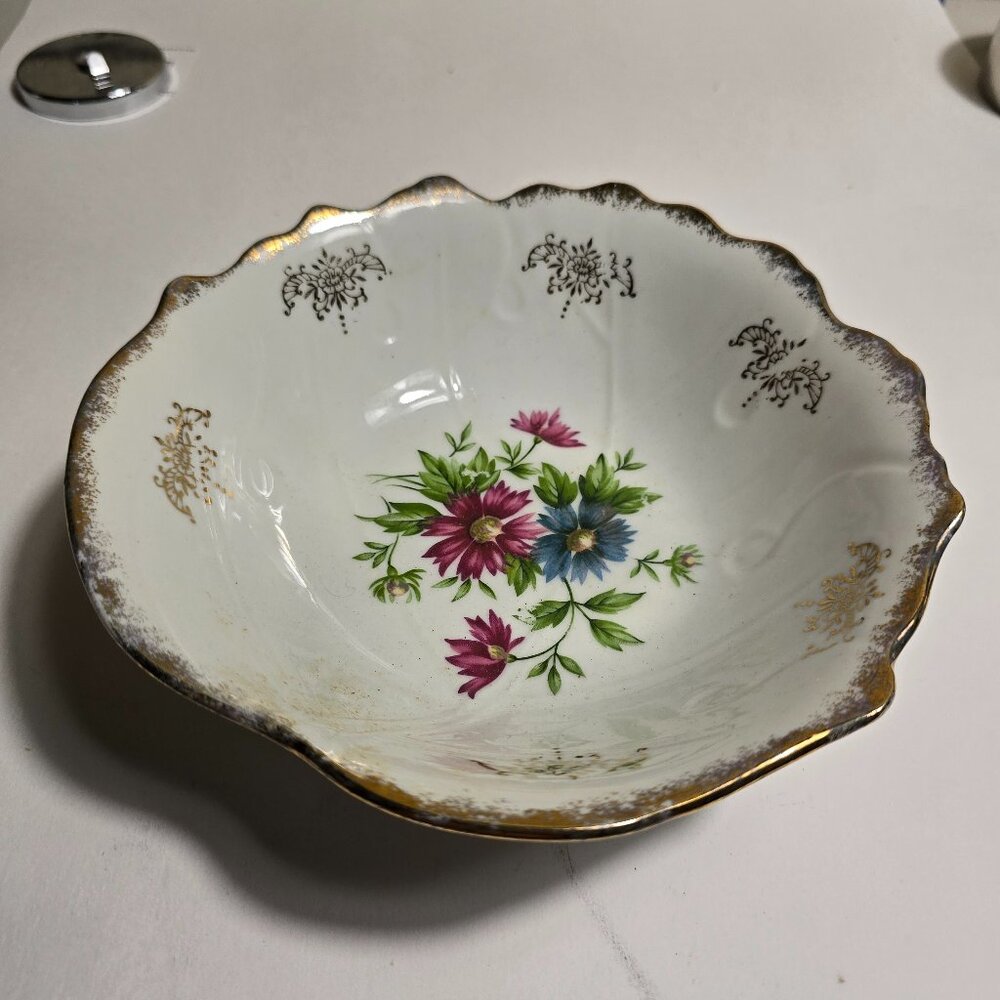 Vintage Porcelain Floral Bowl with Gold Trim